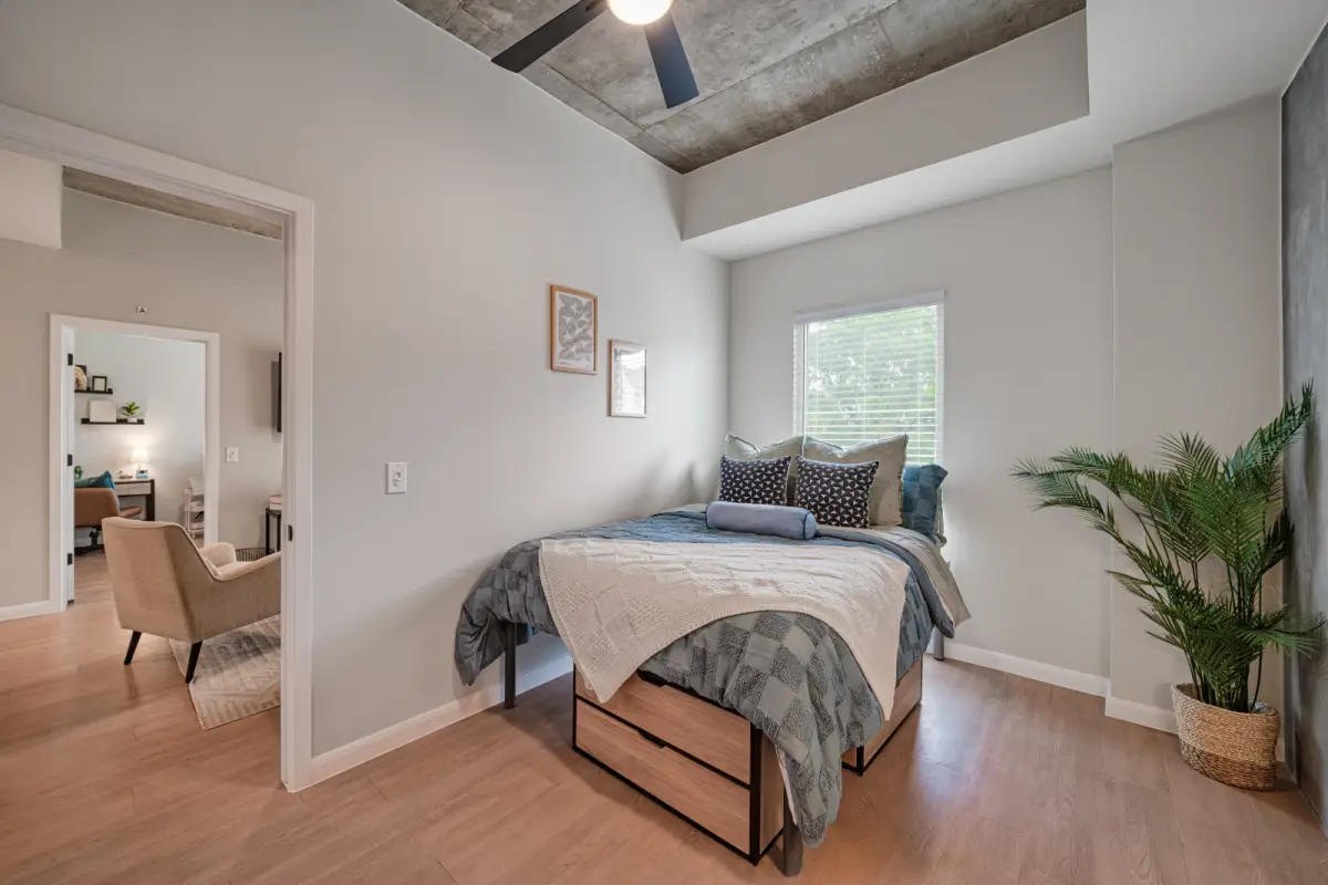 Modern bedroom with a large bed adorned with colorful pillows, a wooden desk with a lamp, wall shelves, and a ceiling fan. Bright and inviting atmosphere.