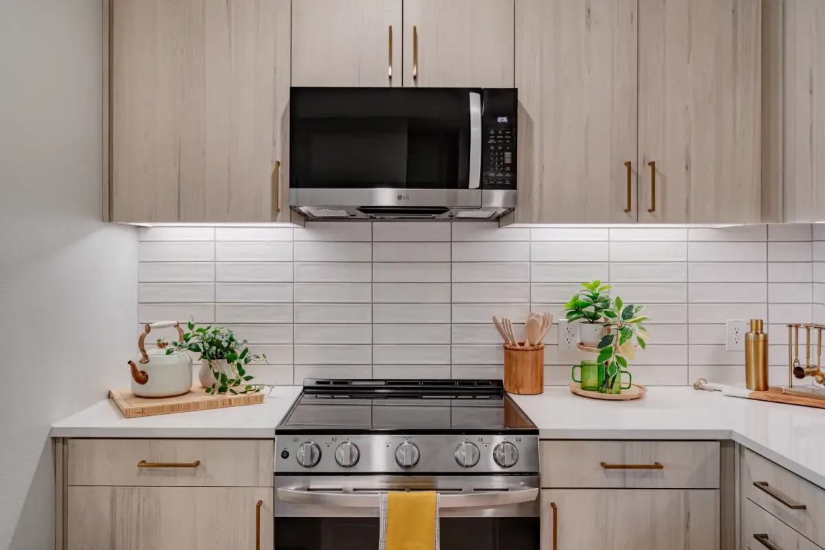Modern kitchen with stainless steel appliances, white tile backsplash, and light wood cabinets. Green plants add a fresh touch, creating a clean, welcoming atmosphere.